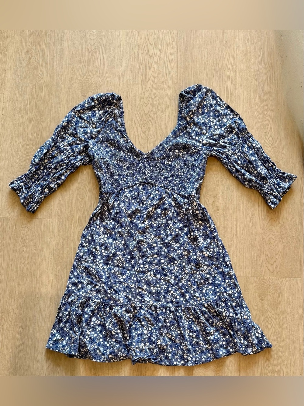 Hollister Blue Floral Smocked Puff Sleeve Mini Dress S